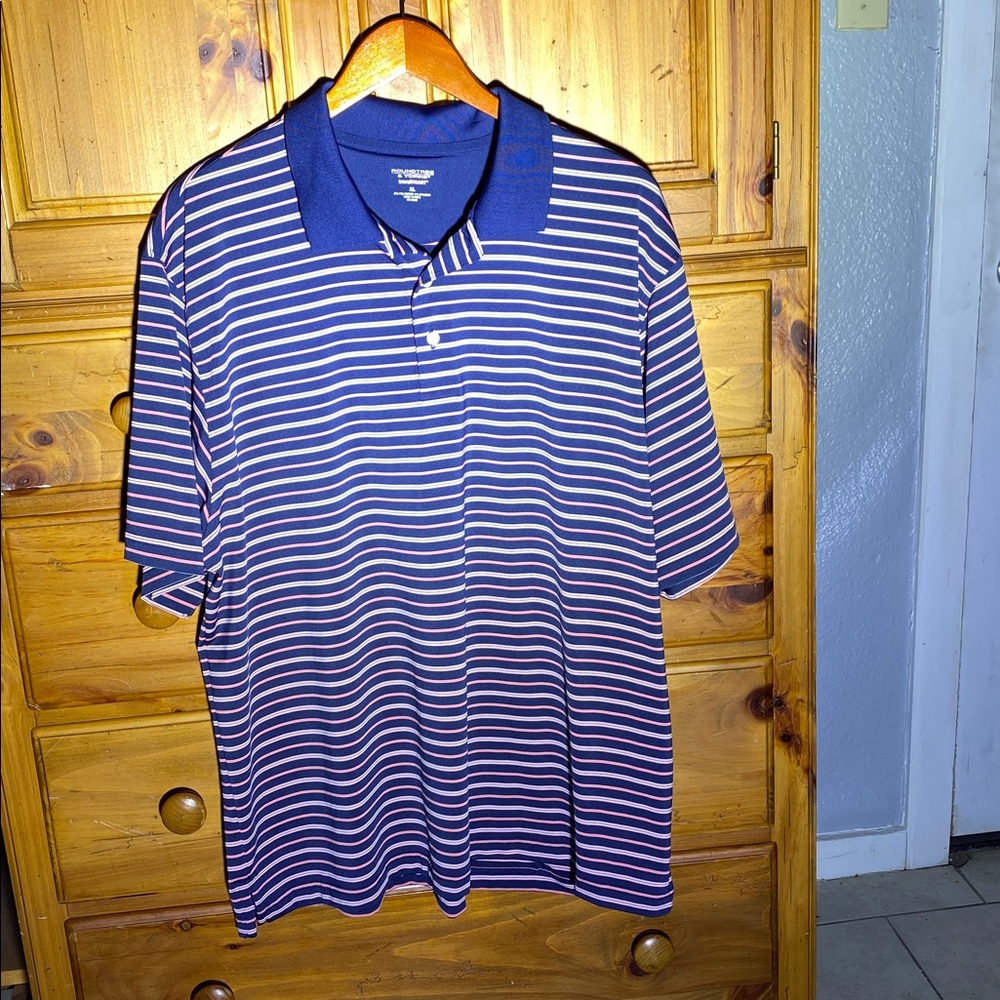 Roundtree & Yorke Blue Polo with White and Pink Stripes